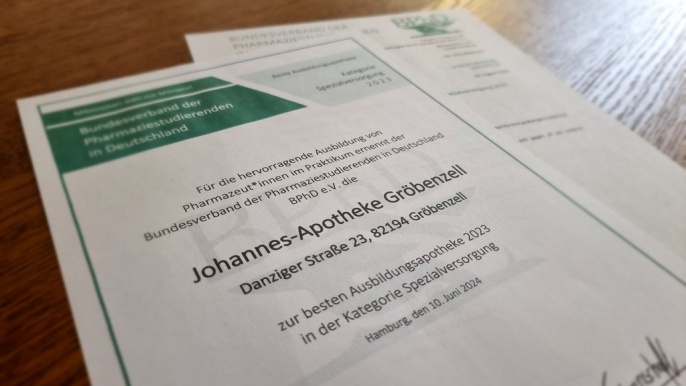 Beste Ausbildungs­apotheke 2023 in der Kategorie Spezialversorgung - Johannes-Apotheke Gröbenzell